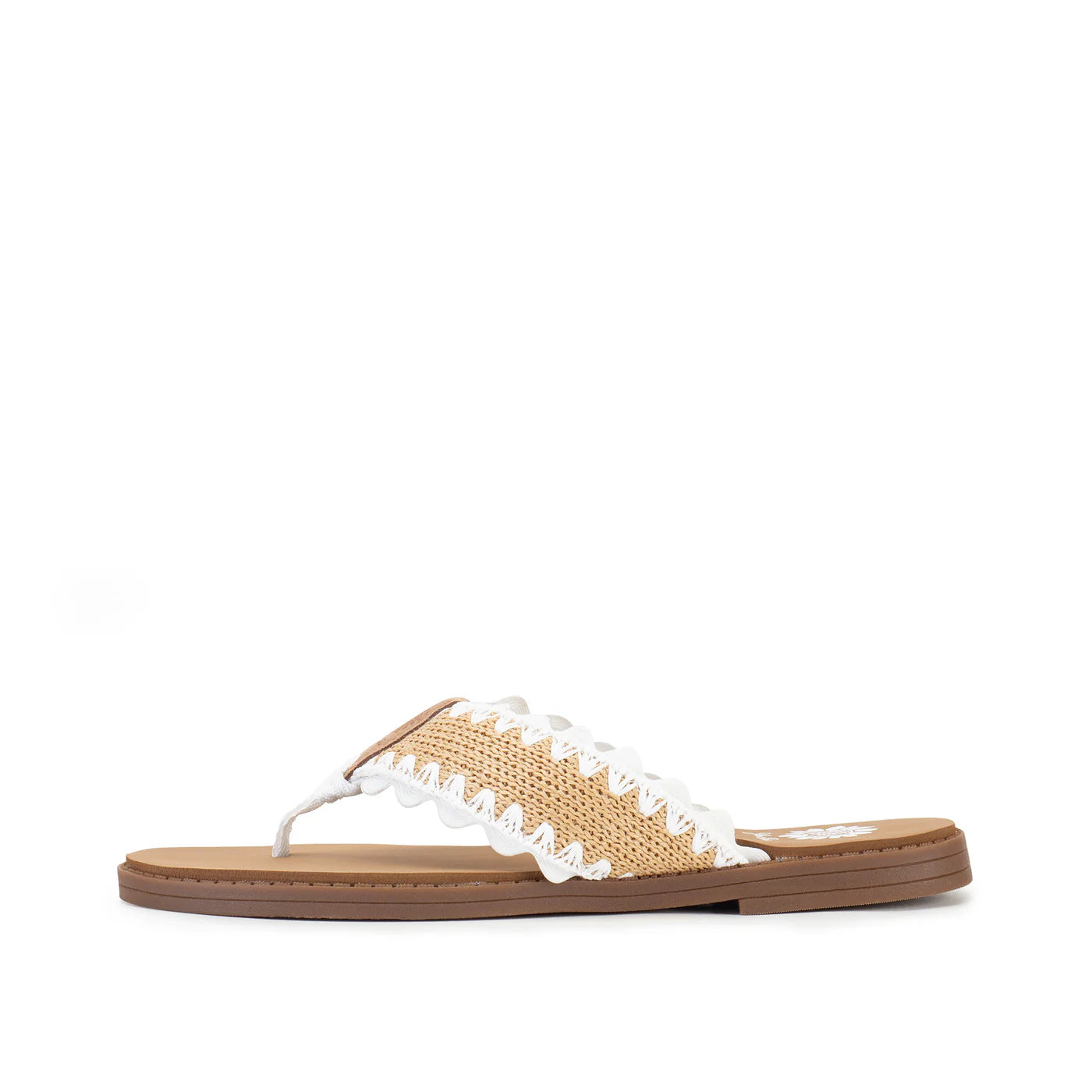 Tan woven flip flop sandal with white fringe trim and thong strap on brown sole