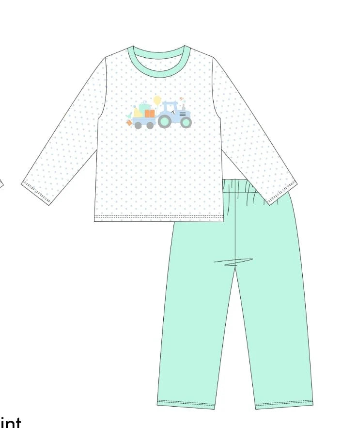Children's white polka dot long-sleeve birthday shirt with tractor graphic and mint green pants set.
