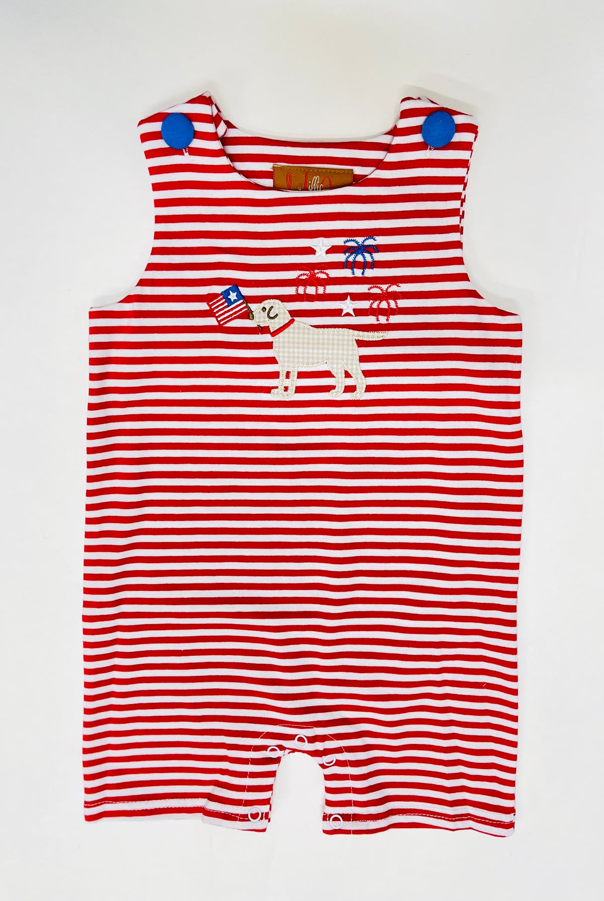 Red and white striped baby romper with patriotic dog applique holding American flag