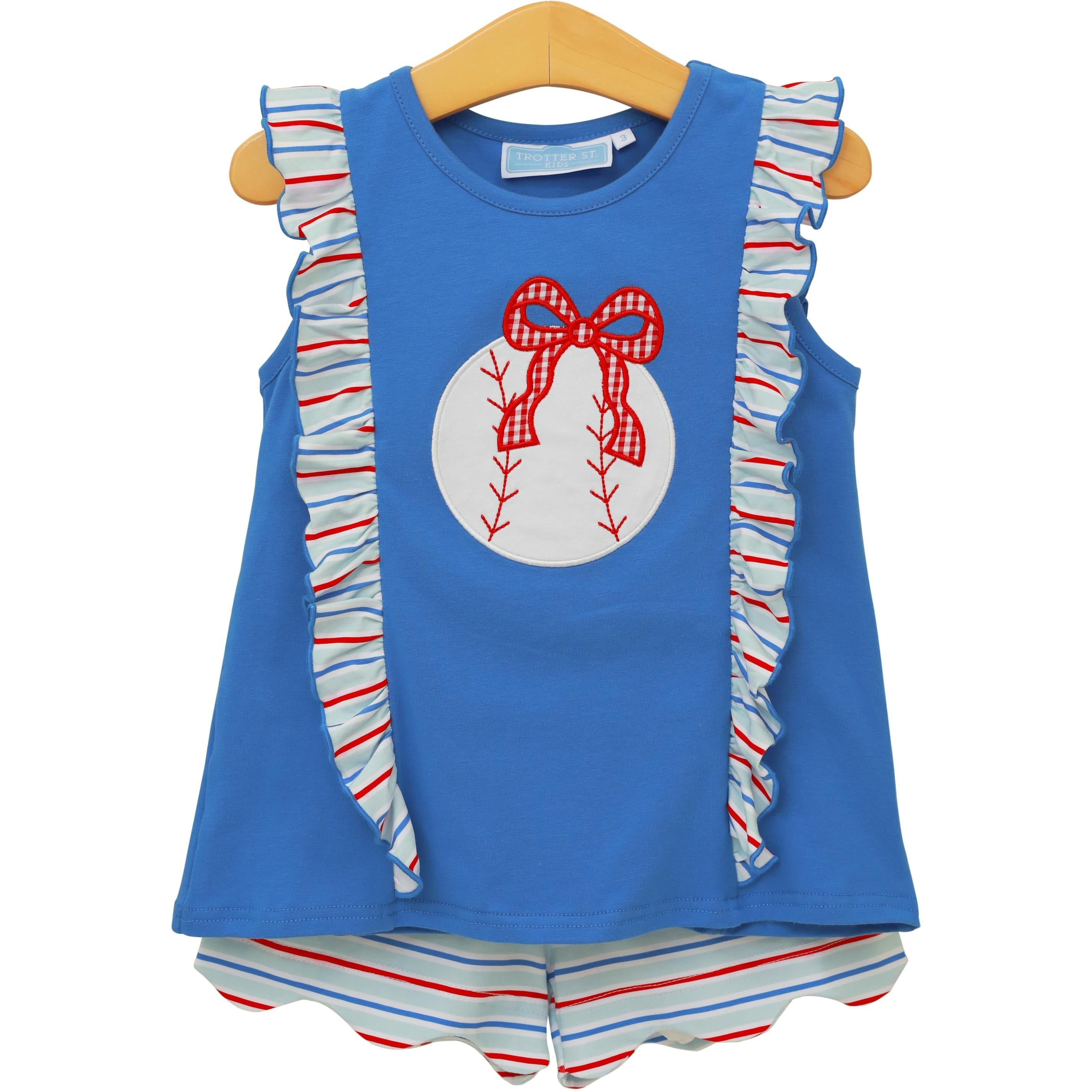 Blue sleeveless top with baseball appliqué and red gingham bow, paired with striped ruffle shorts set.