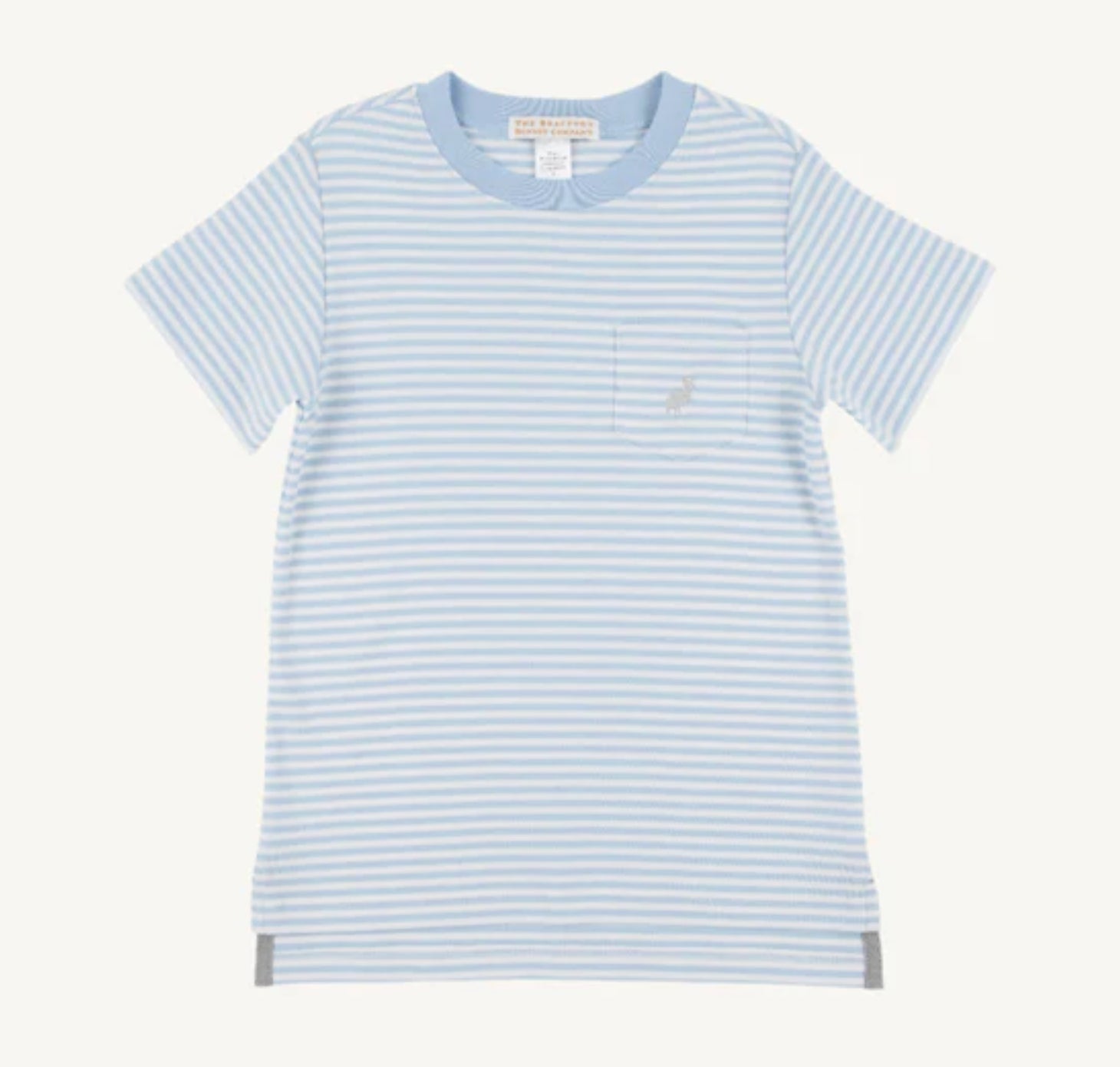 Blue and white striped baby crewneck t-shirt with short sleeves and small chest pocket