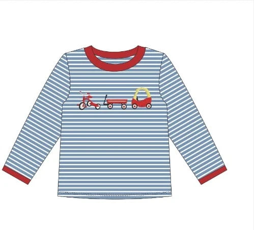 Children's long-sleeve blue striped shirt with red collar, cuffs, and embroidered tricycle, wagon, and toy car.