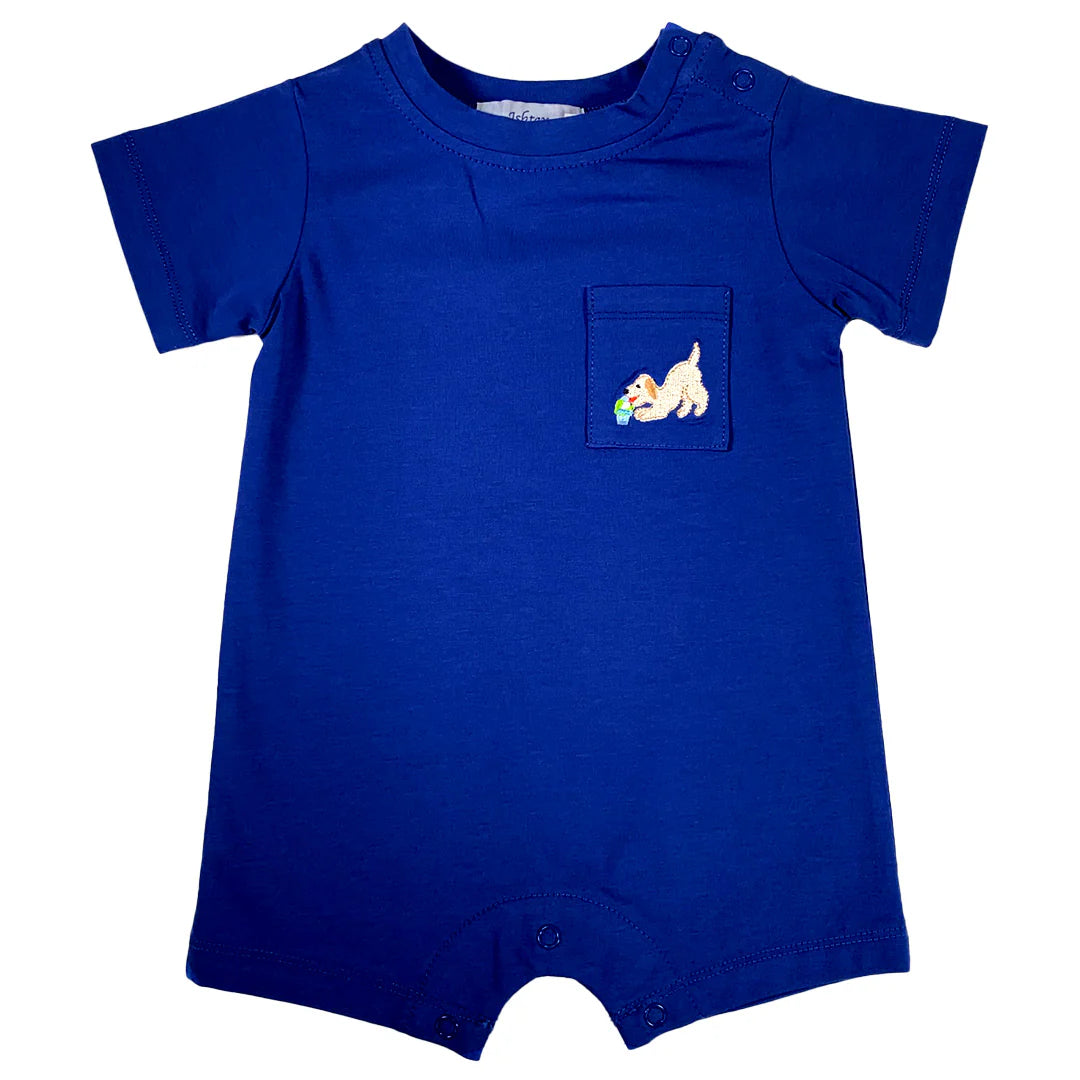 Blue baby romper with short sleeves, chest pocket featuring embroidered puppy design, and snap closures.