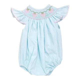 Light blue baby bubble romper with strawberry vine smocked embroidery and flutter sleeves