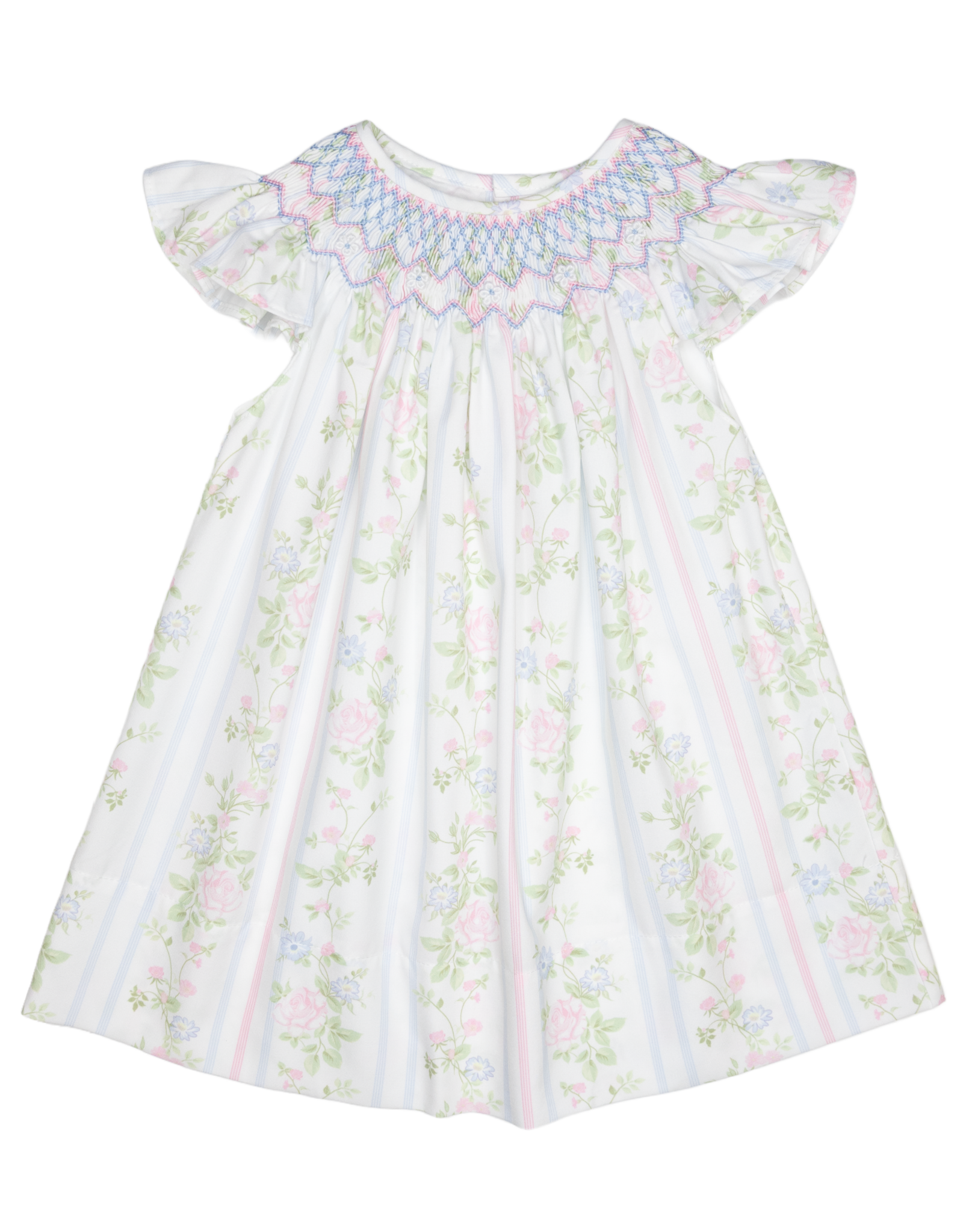 White baby dress with pink and blue floral print, featuring smocked neckline and flutter sleeves