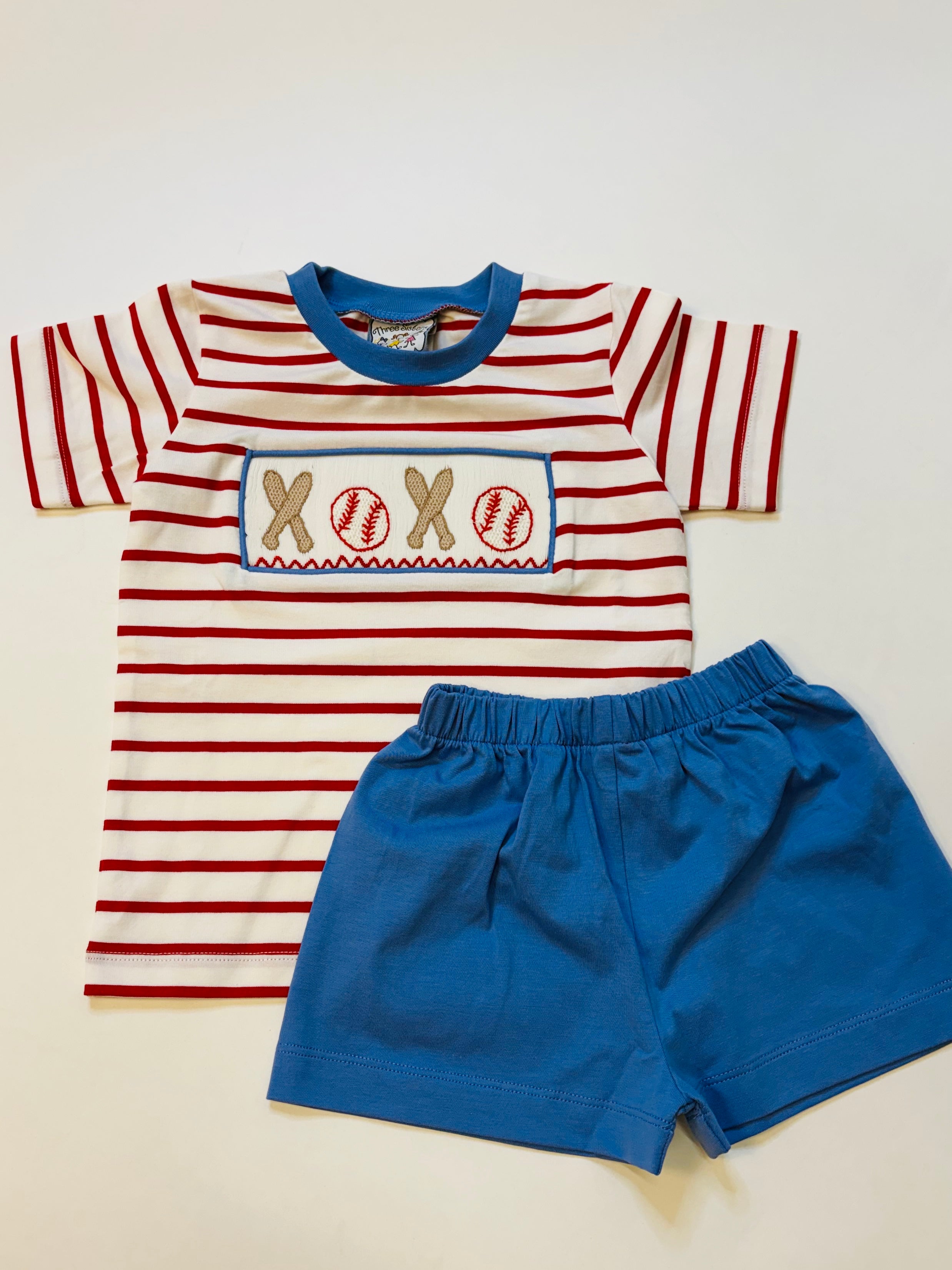 Red and white striped shirt with baseball embroidery and blue shorts boys outfit set
