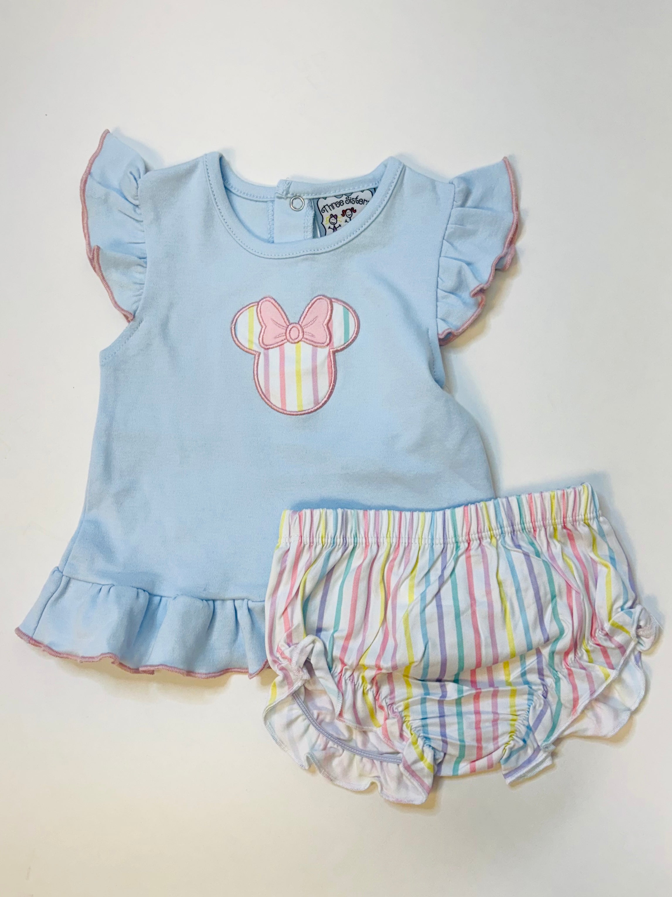 Light blue baby top with Minnie Mouse appliqué and matching rainbow striped ruffled bloomers set
