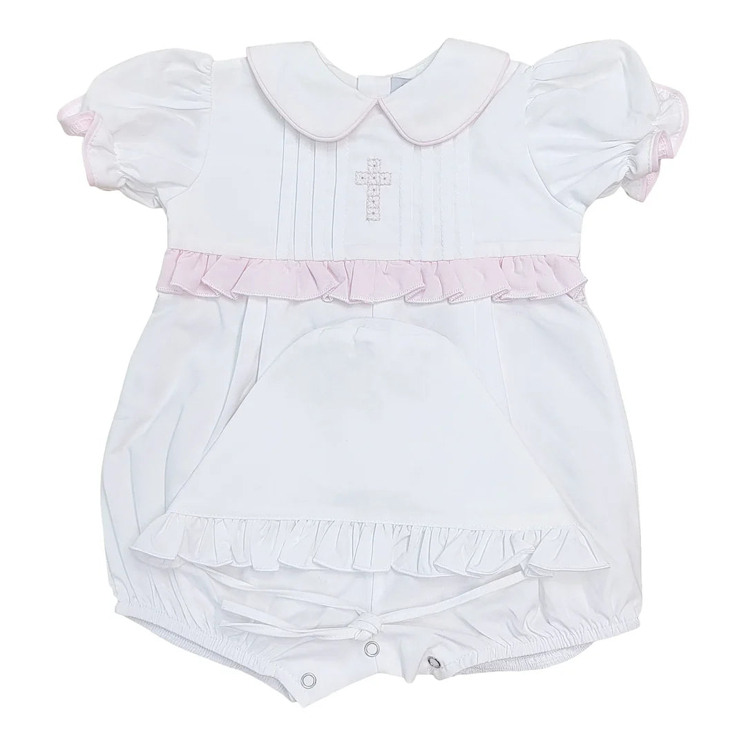 White baby romper with pink ruffle trim, peter pan collar, and embroidered cross detail