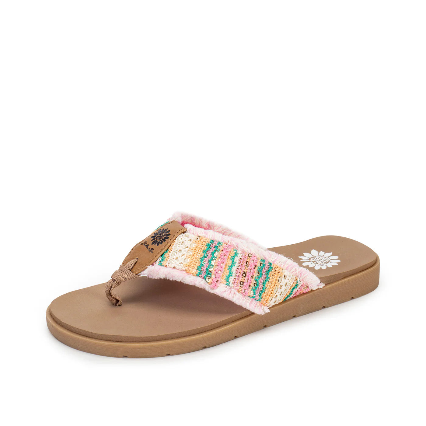 Brown flip flop sandal with colorful striped sequined strap and pink fringe trim details