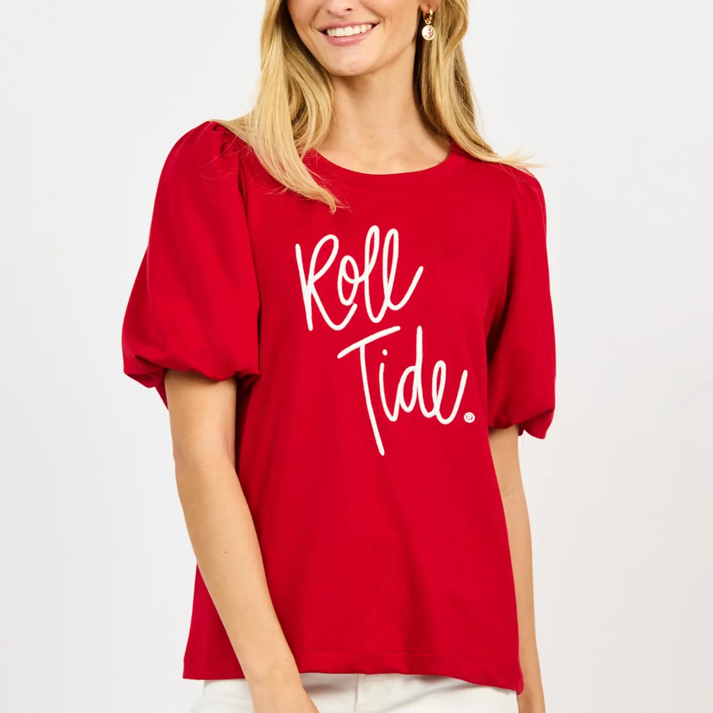 Red puff sleeve top with white "Roll Tide" script print, featuring a round neckline.