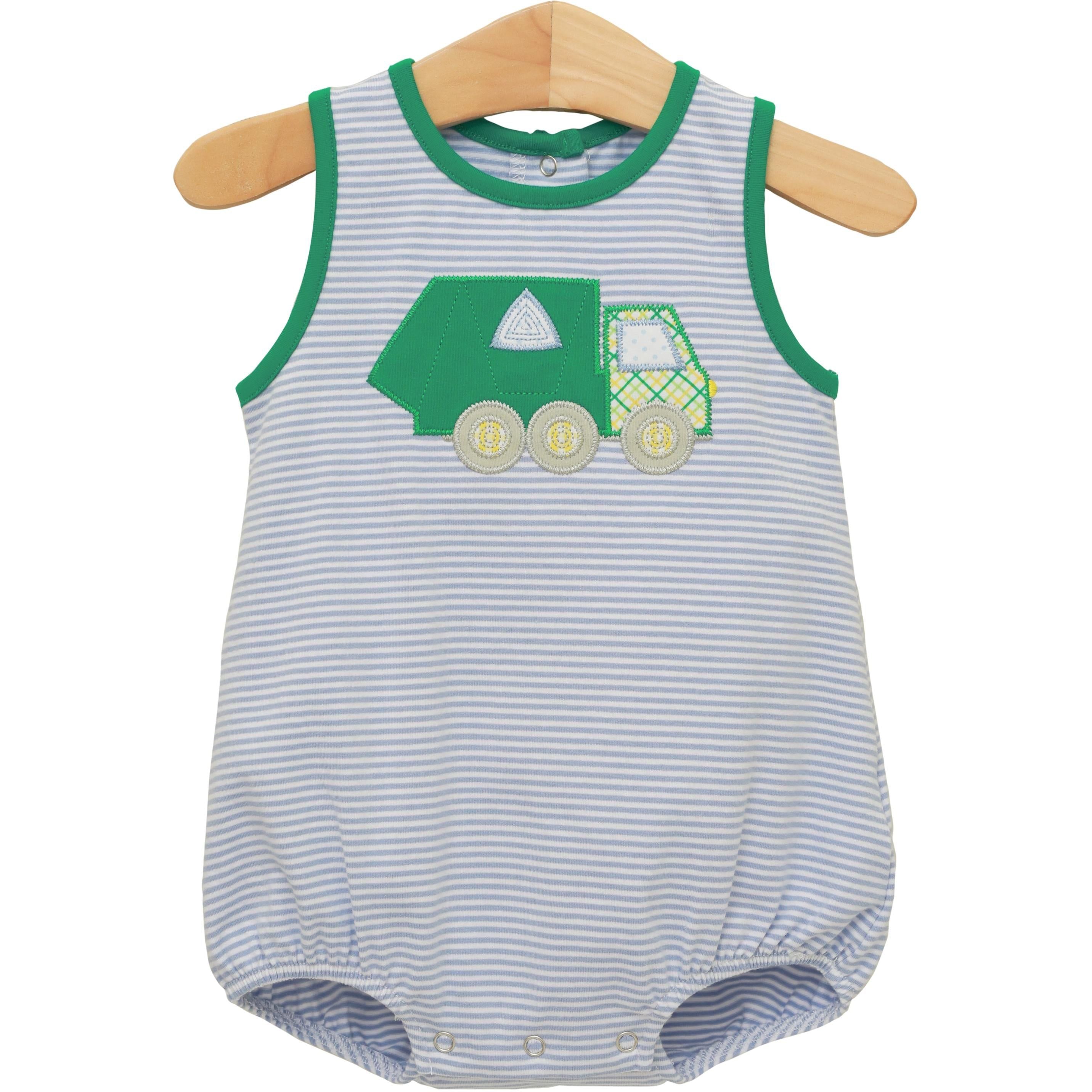 Baby blue striped sleeveless bubble romper with green trim and embroidered garbage truck applique on wooden hanger.