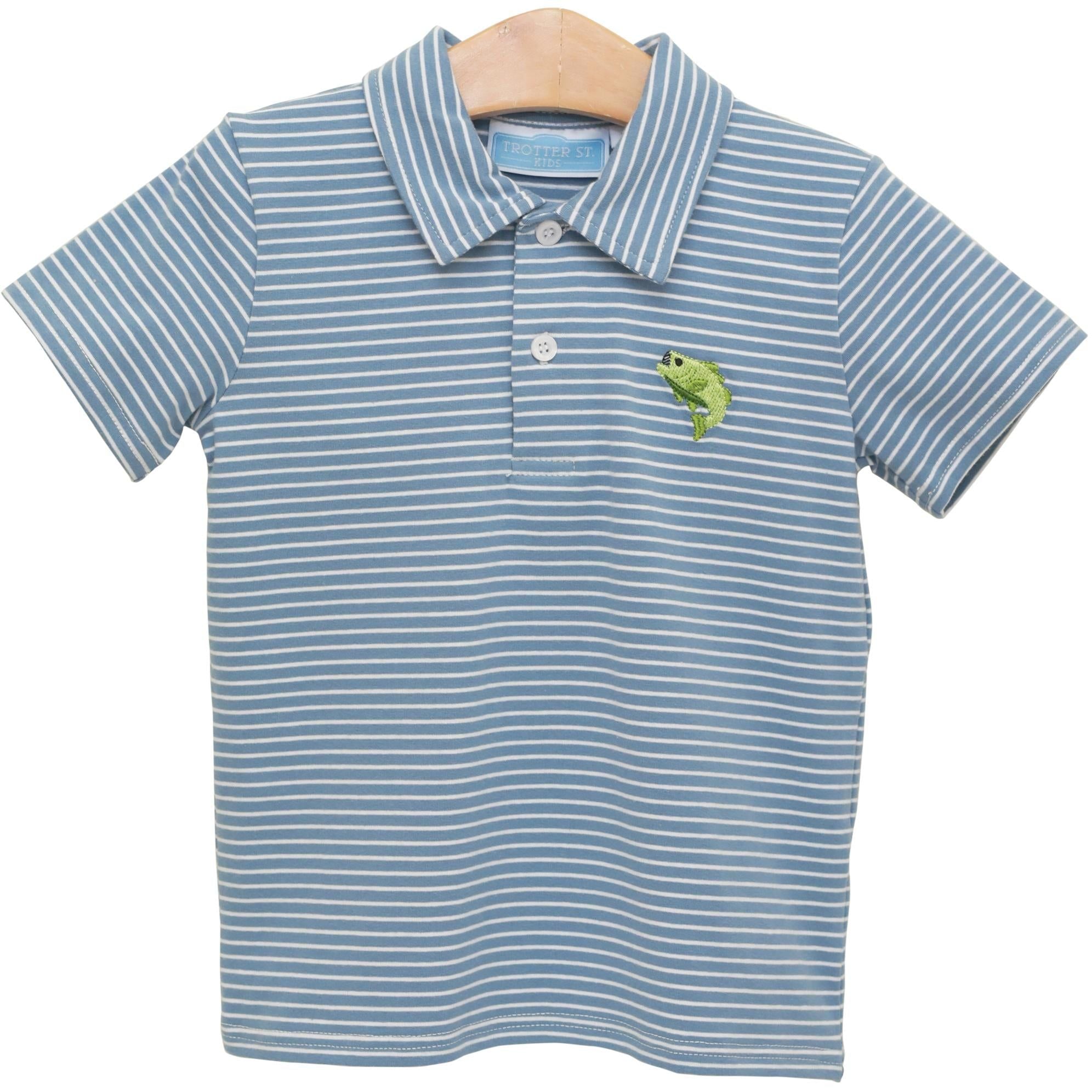 Blue and white striped polo shirt with green fish embroidery on wooden hanger