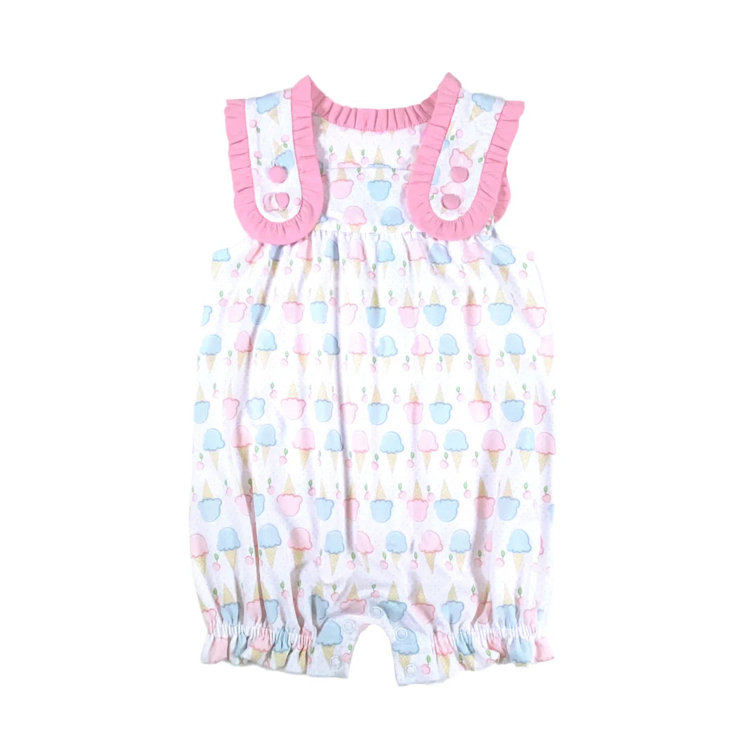 Baby romper with ice cream cone pattern in pink and blue with ruffled pink trim and gathered leg openings.