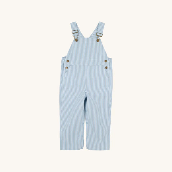 Light blue striped baby overalls with adjustable straps and decorative buttons on sides