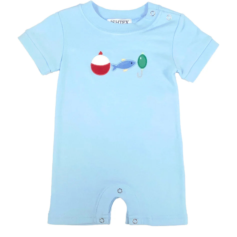 Light blue baby romper with fishing-themed embroidery featuring bobber, fish, and lure design