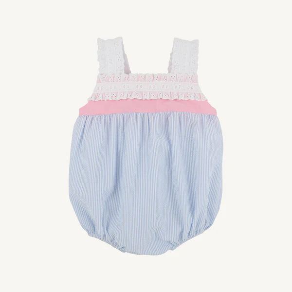 Blue and white striped seersucker baby bubble romper with pink ribbon and white eyelet trim straps
