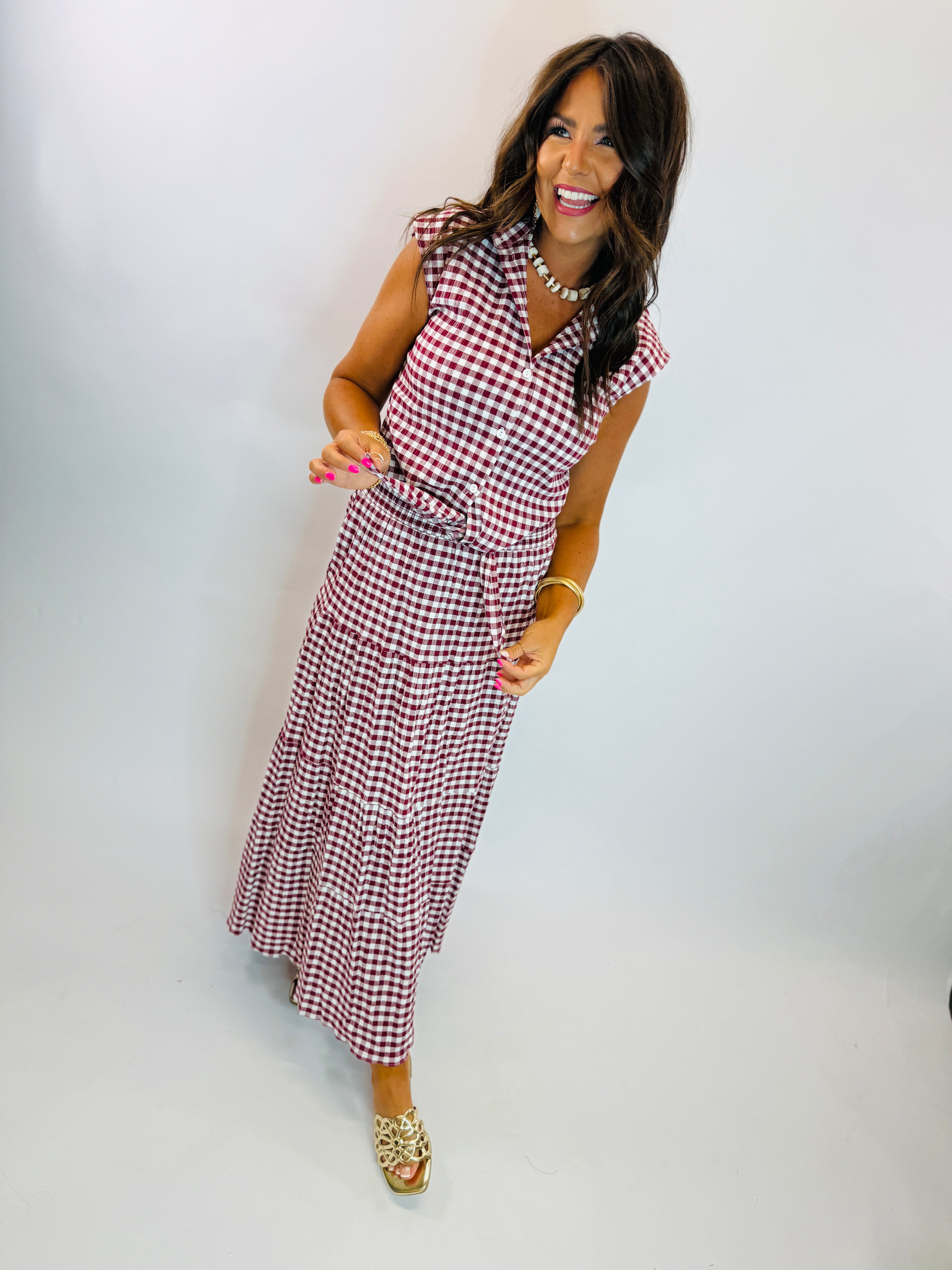 Sabine Gingham Tie Top- Burgundy