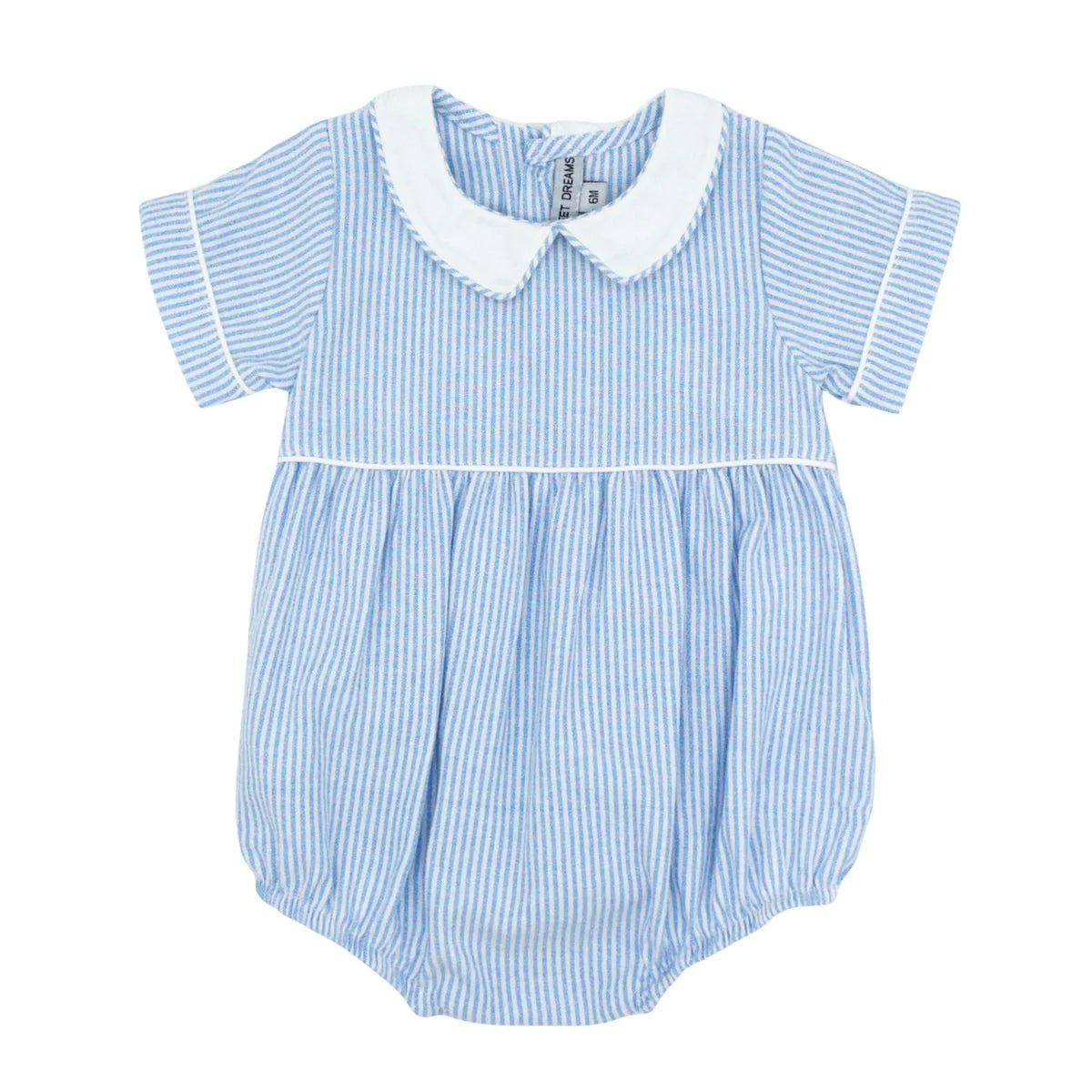 Blue and white striped baby boy bubble romper with white collar and short sleeves