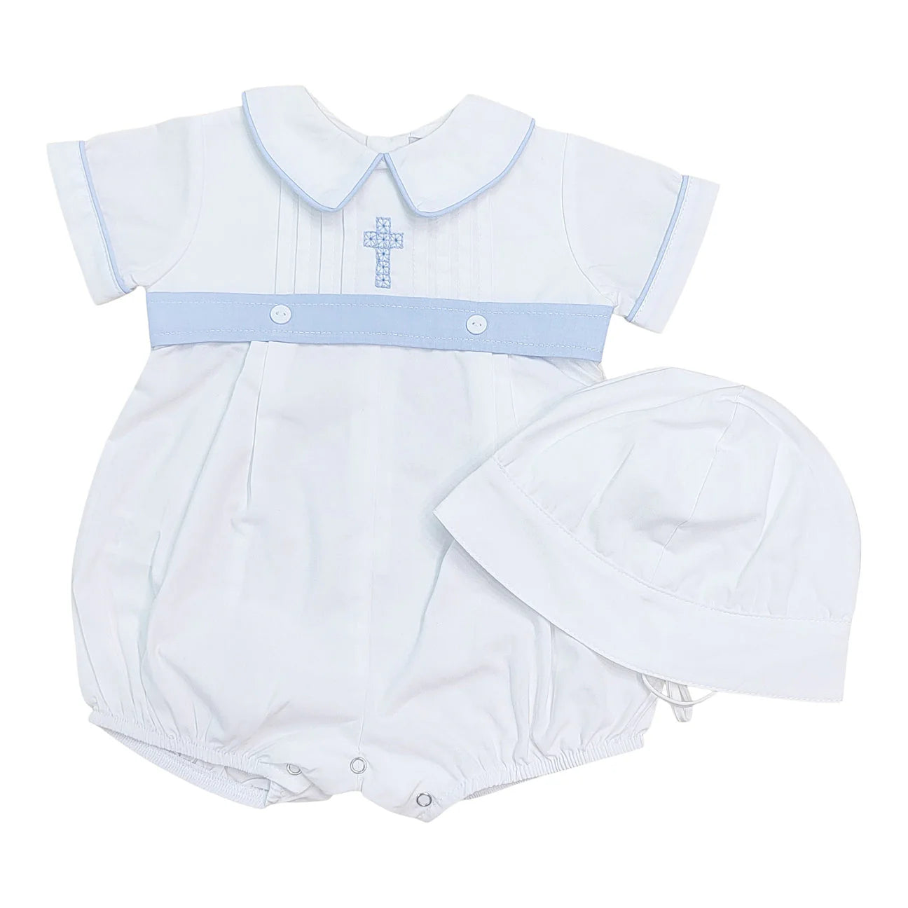 White baby romper with blue cross embroidery, blue sash belt, and matching cap set