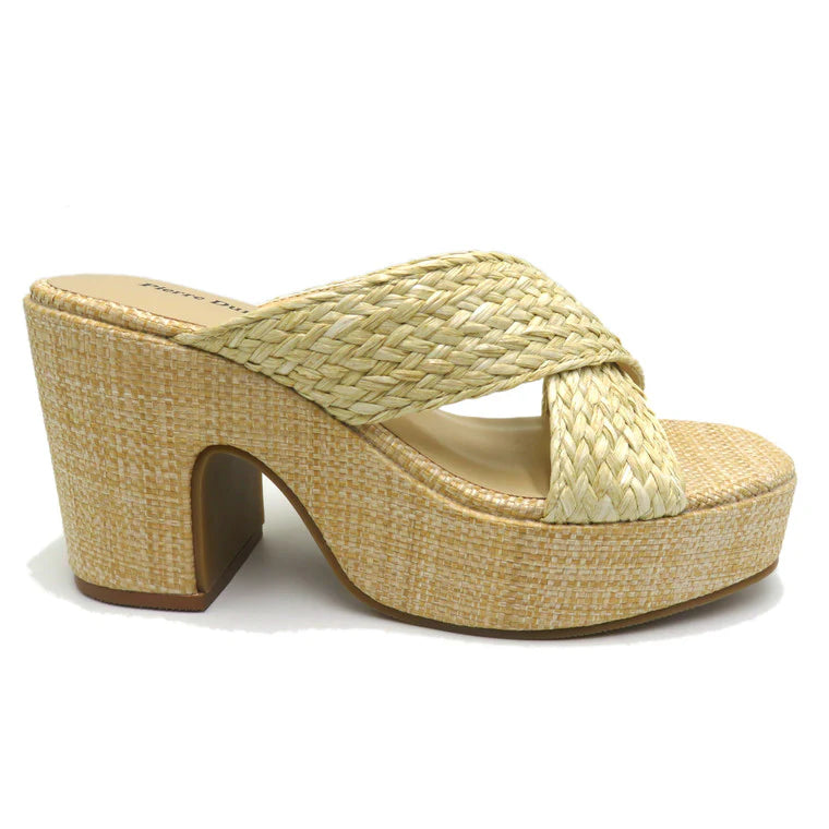 Natural woven straw platform sandal with crossed straps and chunky block heel