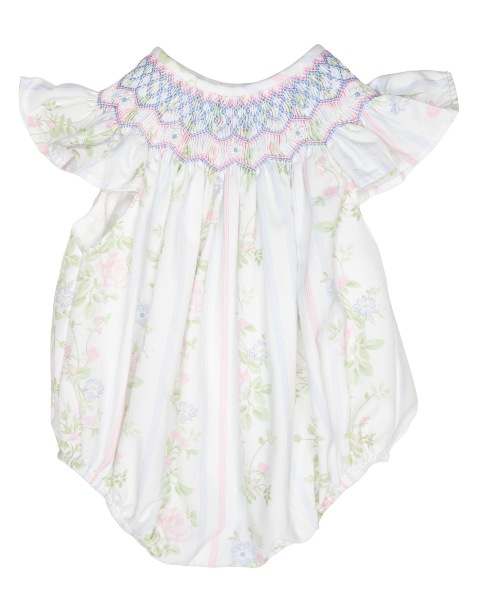 White baby bubble romper with floral print, smocked chest detail, and flutter sleeves