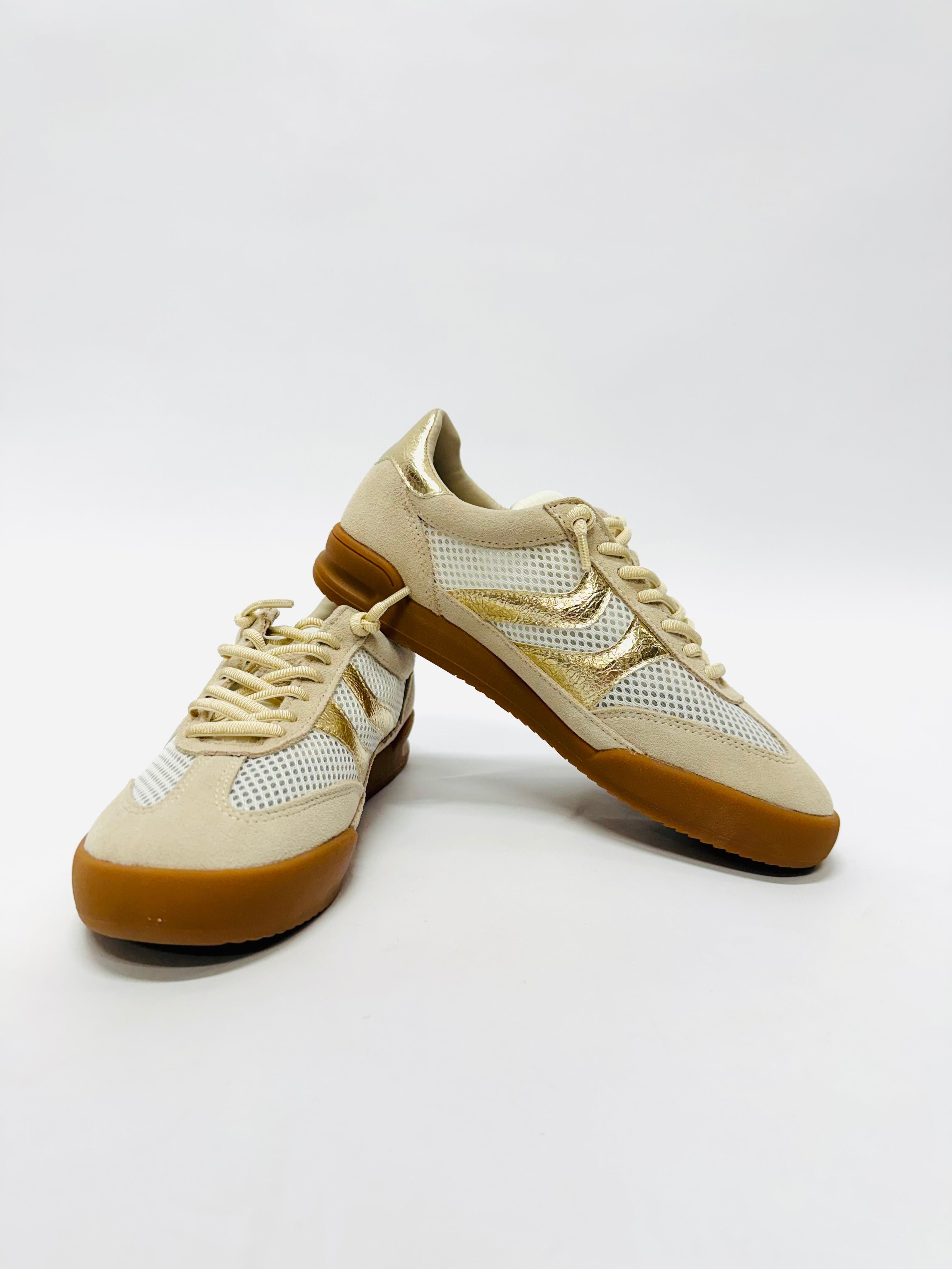 Steve Madden Verdict Sneakers in cream suede and white mesh with gold metallic accents and gum sole.