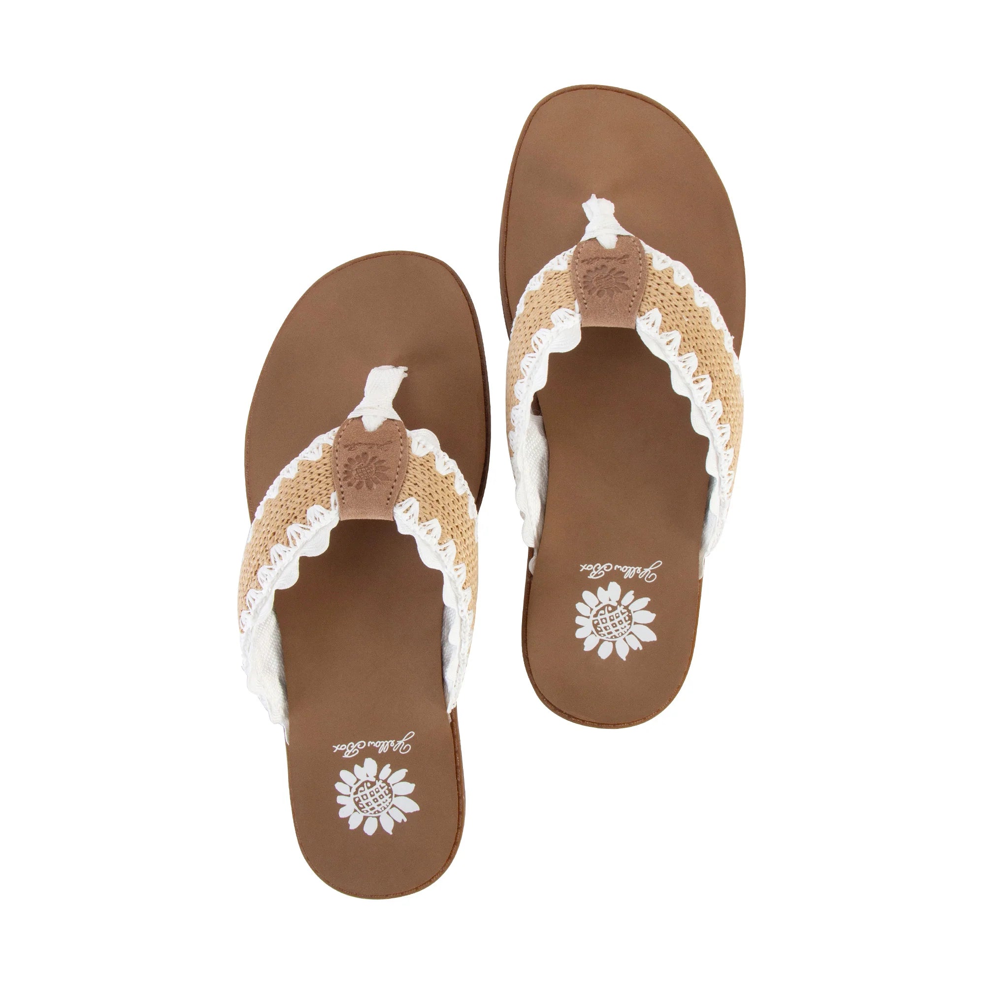 Brown leather Irina flip flops with white and beige decorative straps and floral logo on soles.
