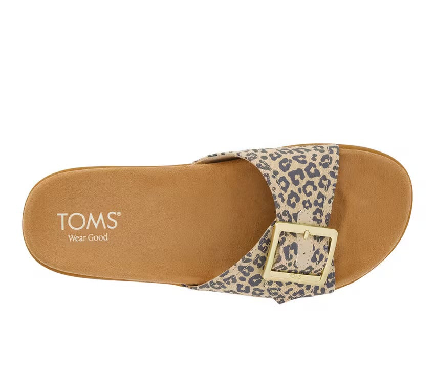 TOMS Marin leopard print slide sandal with adjustable buckle strap and brown footbed