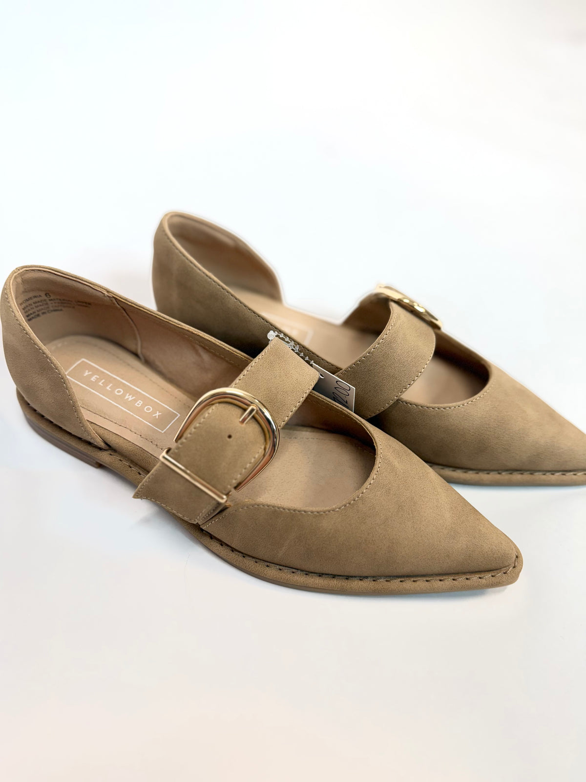 Yellowbox Romeria tan suede pointed-toe flats with gold buckle strap detail, d'Orsay style.
