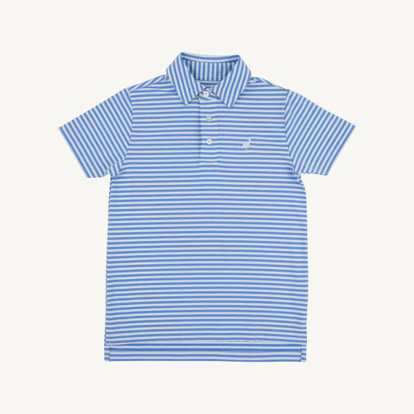Blue and white striped baby polo shirt with collar and short sleeves