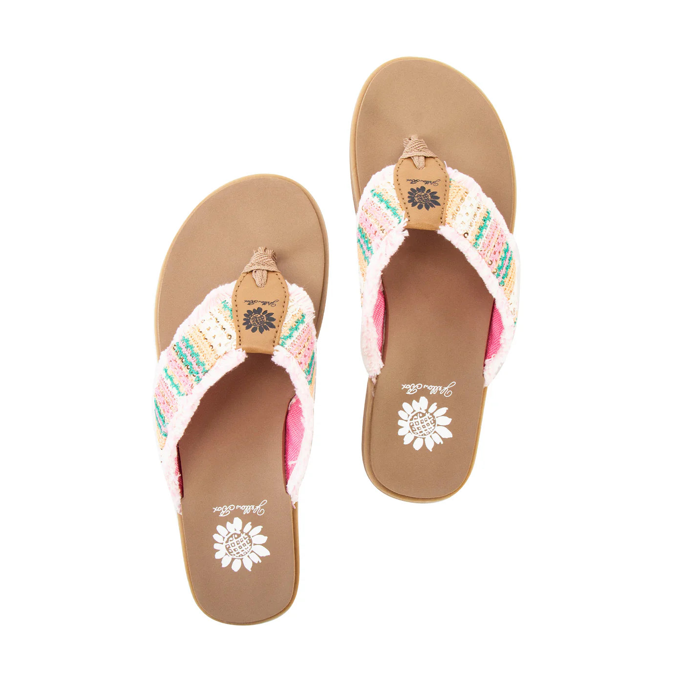 Flappy flip flops with colorful striped fabric straps and tan footbed featuring daisy logo branding
