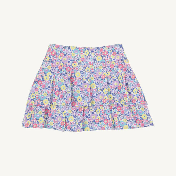 Baby girl's floral print skort in purple with multicolored flowers and ruffled hem