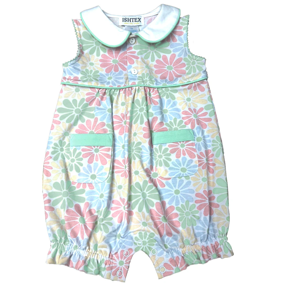 Baby romper with pastel floral print, white collar, green trim, and snap closures at legs