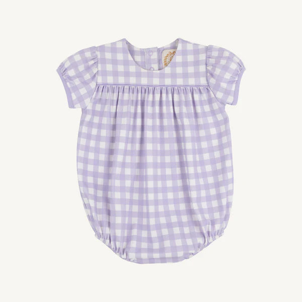Purple and white gingham checkered baby bubble romper with short puffed sleeves and gathered bottom.