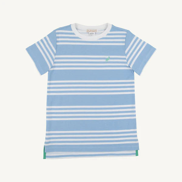Light blue and white striped baby crewneck t-shirt with short sleeves and round neckline.