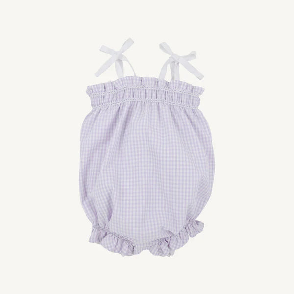 Purple and white gingham baby romper with shoulder tie straps and ruffled leg openings