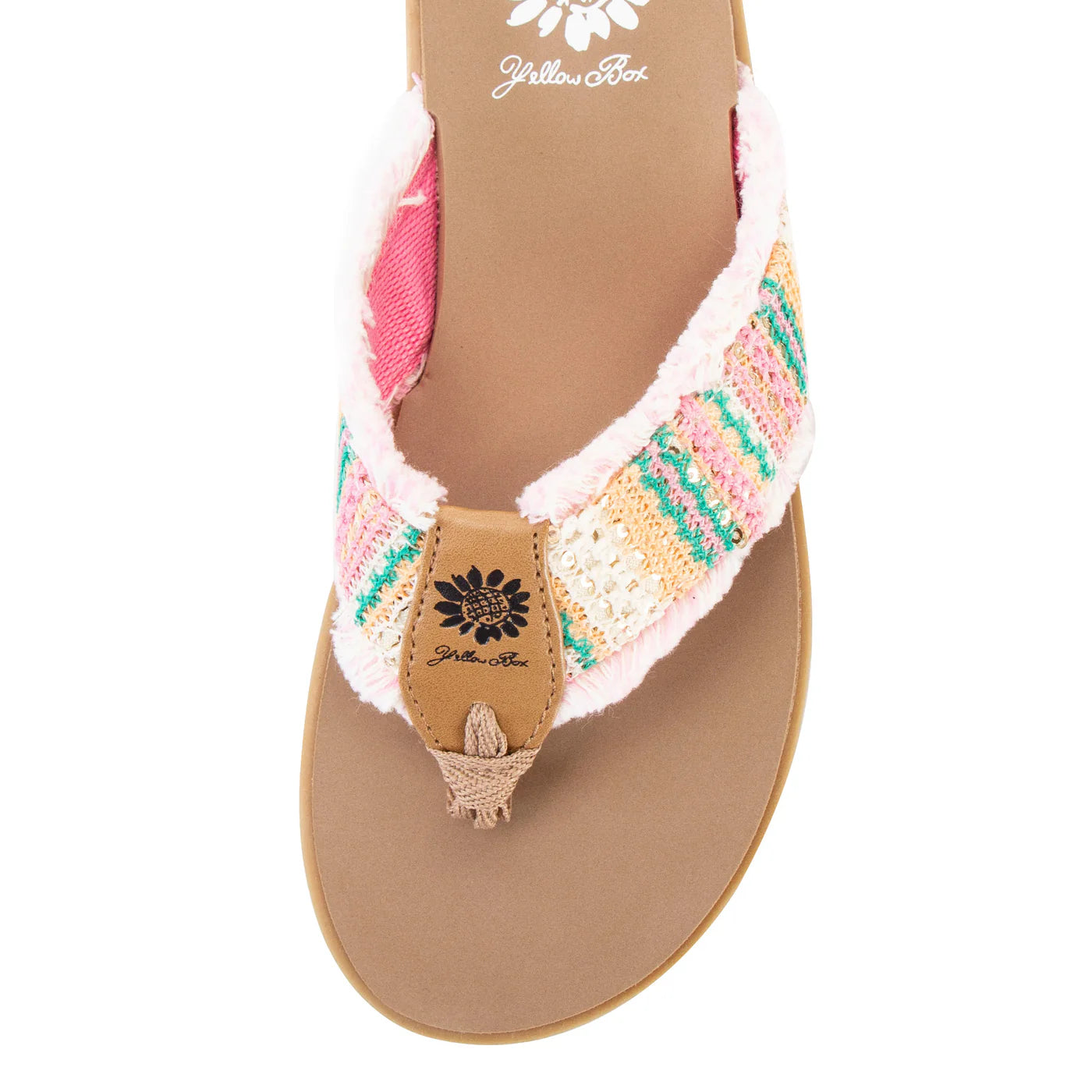 Colorful striped flip flop sandal with woven fabric straps and tan leather sole by Yellow Box