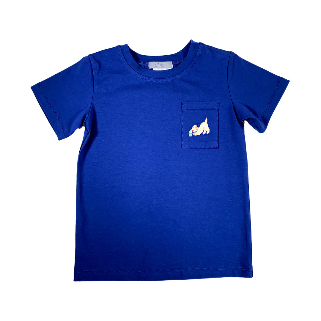 Royal blue baby t-shirt with chest pocket featuring small embroidered dog design