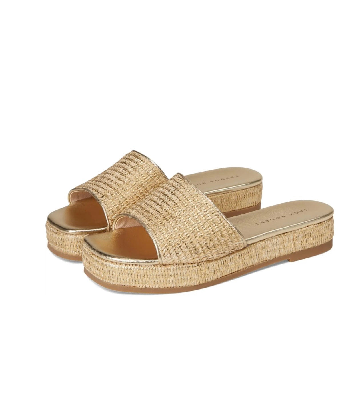 Jack Rogers Bay Gold Raffia Wedge slide sandals with woven platform sole and wide band strap.