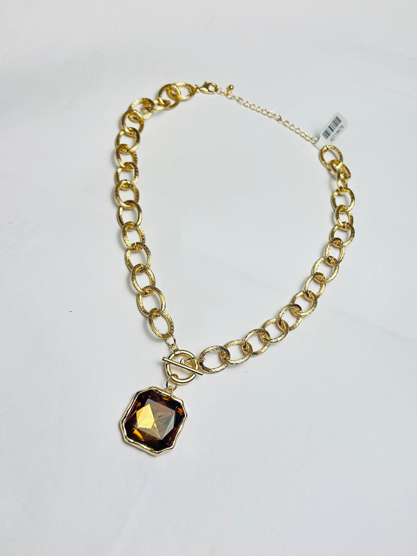 Gold chunky chain necklace with large faceted topaz brown square gemstone pendant and lobster clasp