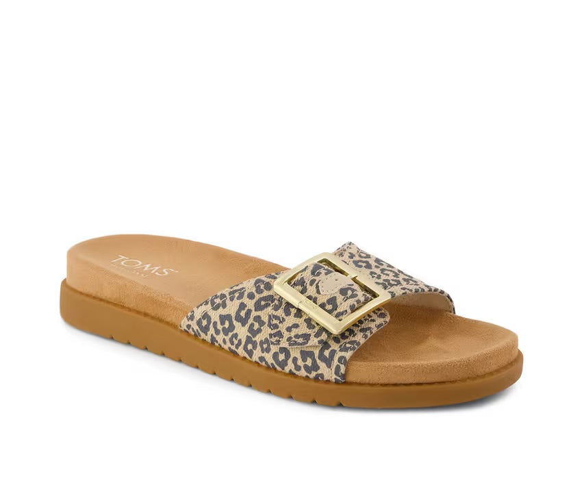 TOMS Marin leopard print slide sandal with gold buckle and tan footbed