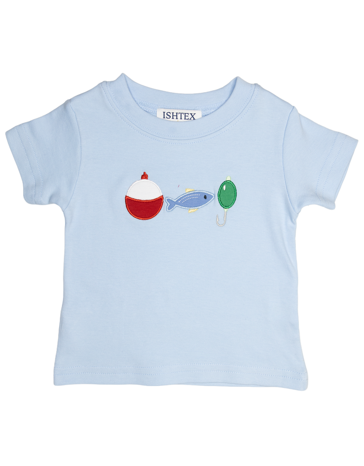 Light blue baby t-shirt with embroidered fishing lure design featuring bobber, fish, and green lure
