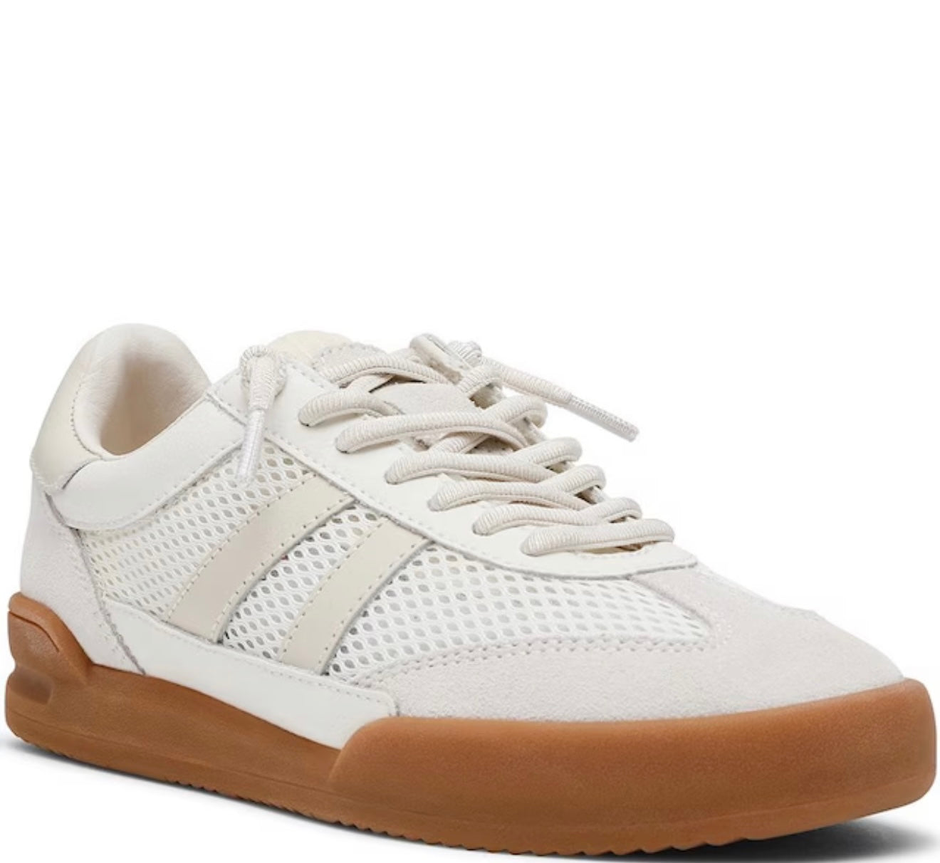 White mesh and leather sneaker with cream laces and brown gum sole, side view.