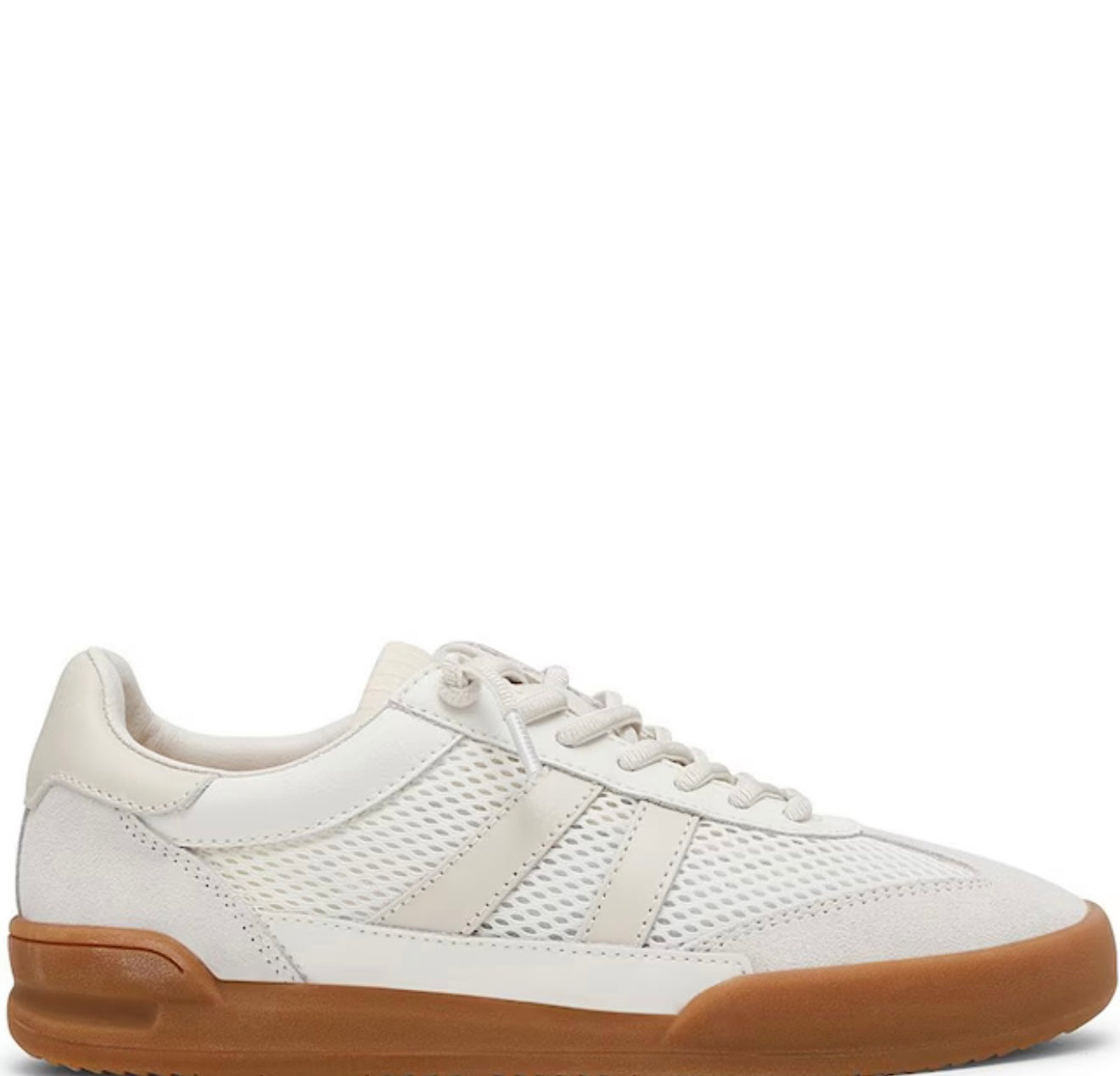 White mesh and suede Ava Sunday Classic Sneaker with brown gum sole and lace-up design.