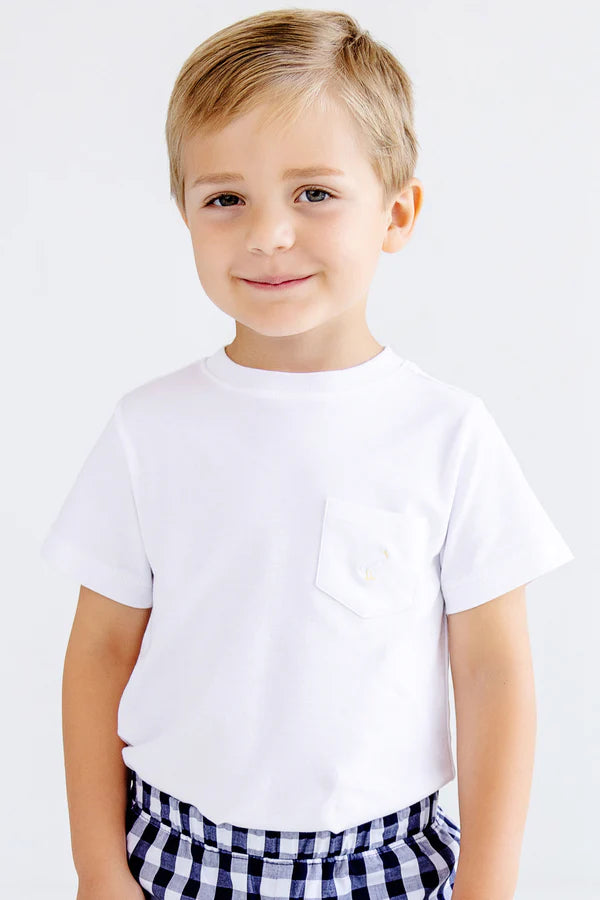 Young child wearing white short-sleeve crewneck t-shirt with chest pocket and blue striped shorts.