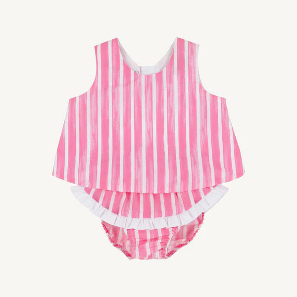 Pink and white striped baby romper with sleeveless top and coordinating bloomer bottom.