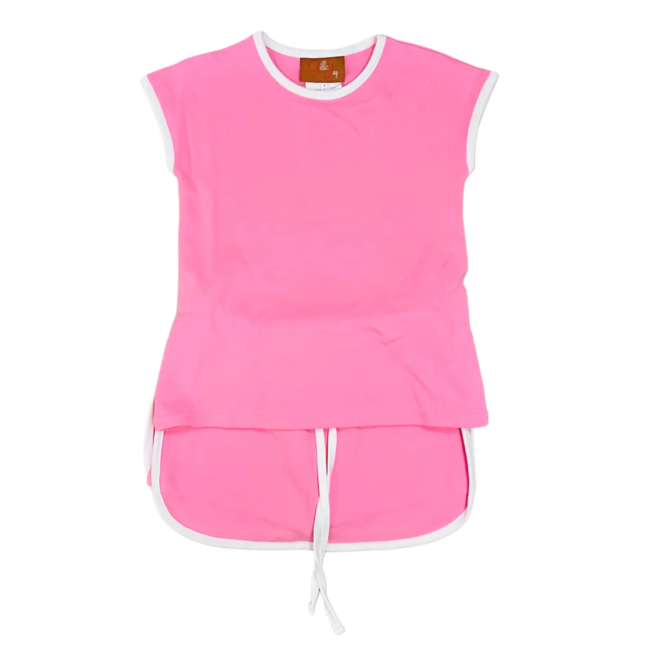 Pink baby two-piece set with sleeveless top and shorts with white trim and ties