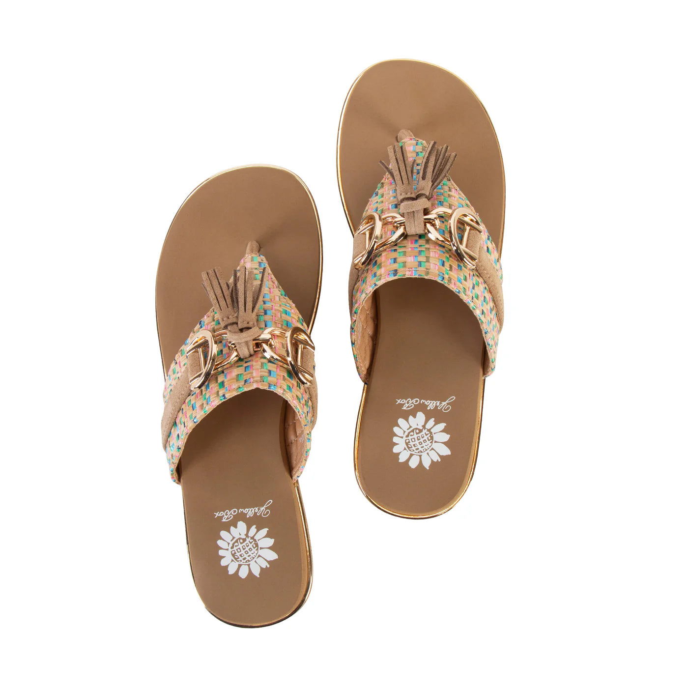 Brown platform flip-flop sandals with colorful woven pineapple design and fringe tassel details