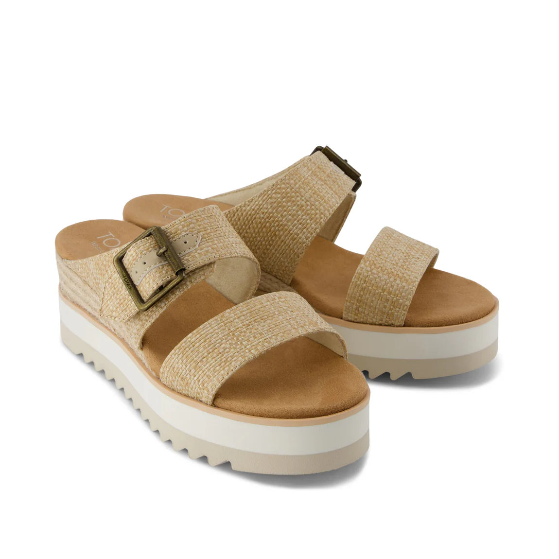 Diana Wedge Mule sandals in beige woven material with buckle straps and white platform soles