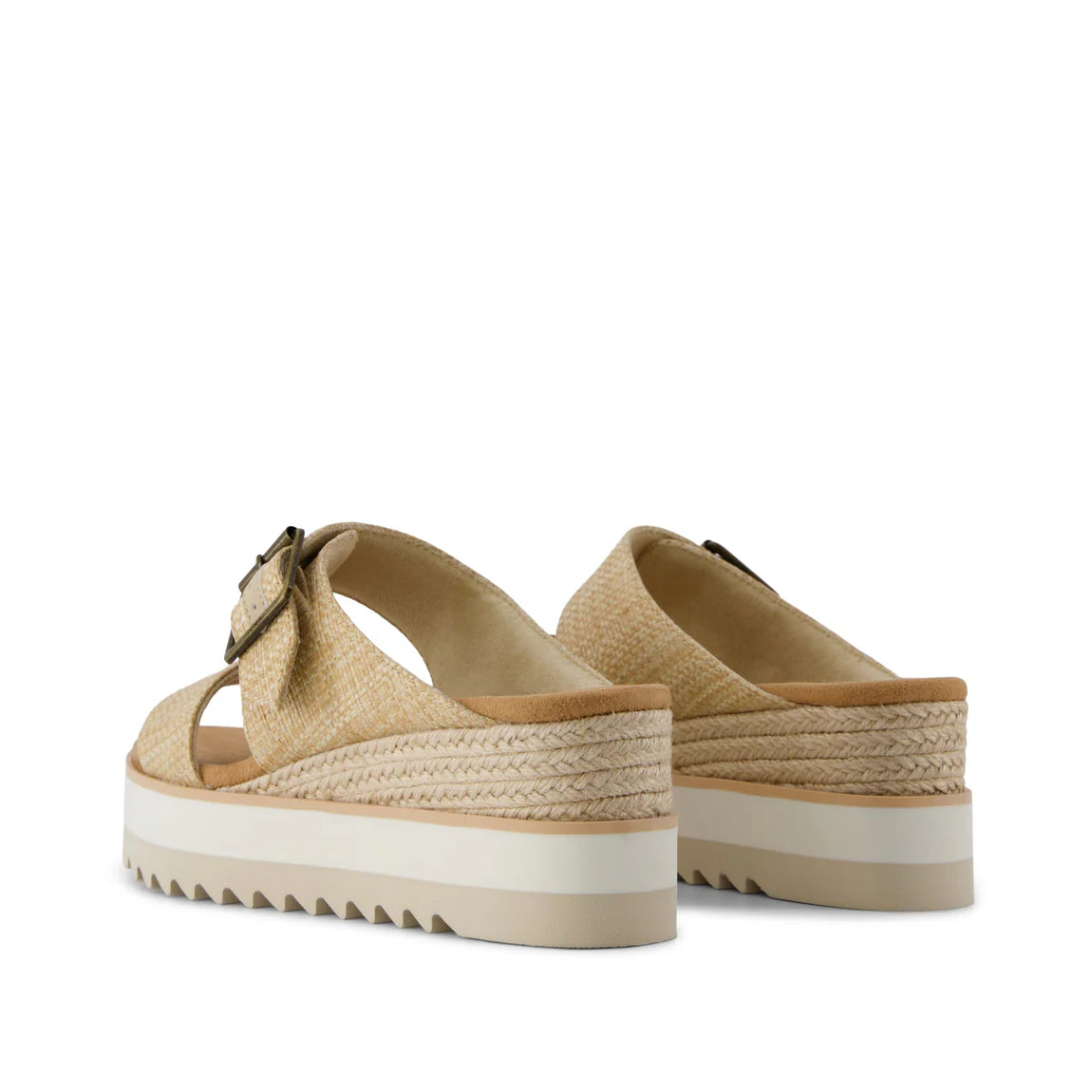 Diana Wedge Mules in beige with espadrille platform sole and adjustable ankle strap, rear view